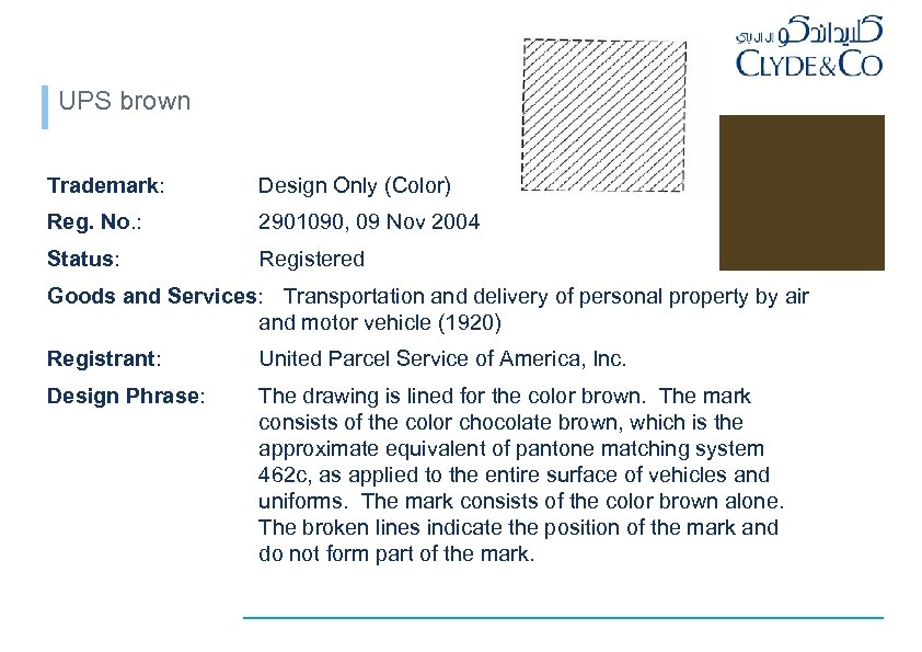 UPS brown Trademark: Design Only (Color) Reg. No. : 2901090, 09 Nov 2004 Status: