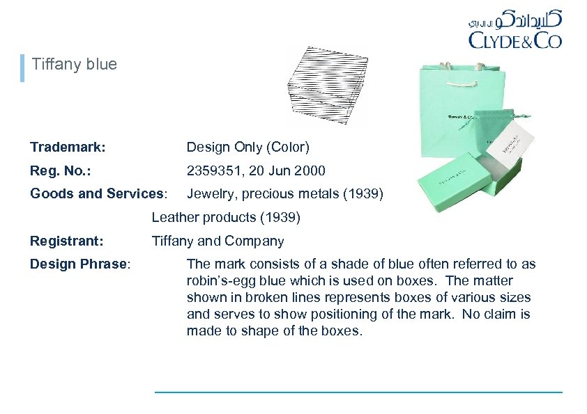Tiffany blue Trademark: Design Only (Color) Reg. No. : 2359351, 20 Jun 2000 Goods