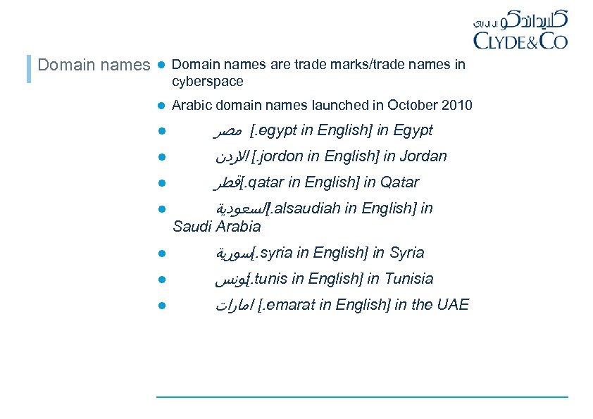 Domain names l Domain names are trade marks/trade names in cyberspace l Arabic domain