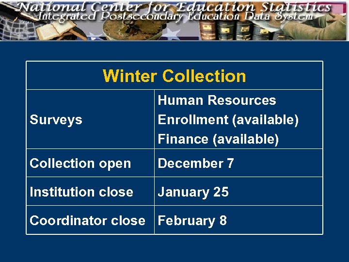 Winter Collection Surveys Human Resources Enrollment (available) Finance (available) Collection open December 7 Institution