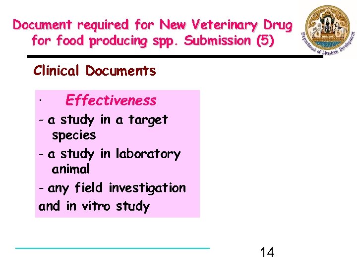 Document required for New Veterinary Drug for food producing spp. Submission (5) Clinical Documents