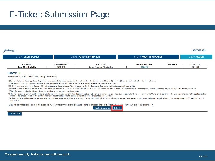 E-Ticket: Submission Page For agent use only. Not to be used with the public.