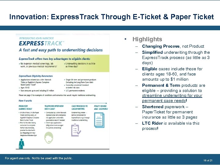 Innovation: Express. Track Through E-Ticket & Paper Ticket • Highlights – Changing Process, not