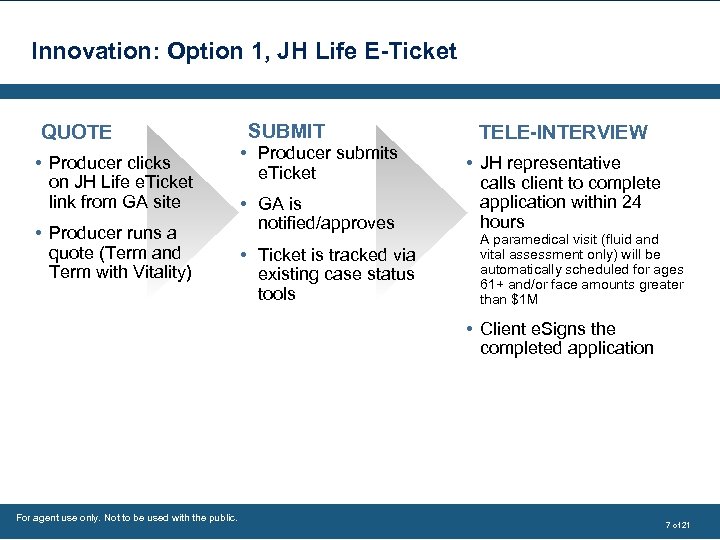 Innovation: Option 1, JH Life E-Ticket QUOTE • Producer clicks on JH Life e.