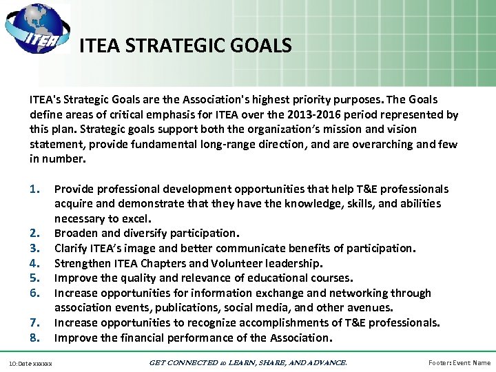 ITEA STRATEGIC GOALS ITEA's Strategic Goals are the Association's highest priority purposes. The Goals