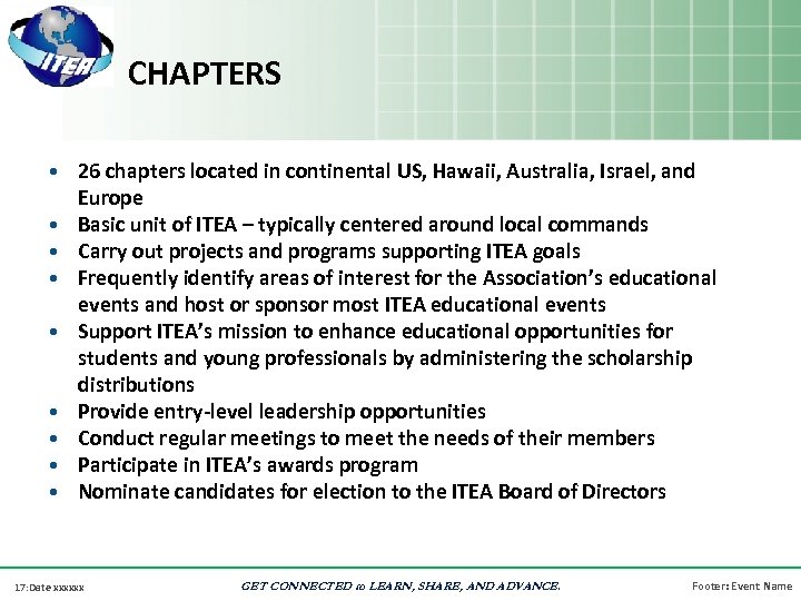 CHAPTERS • 26 chapters located in continental US, Hawaii, Australia, Israel, and Europe •