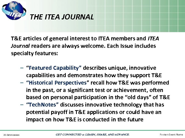 THE ITEA JOURNAL T&E articles of general interest to ITEA members and ITEA Journal