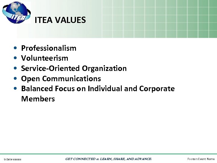 ITEA VALUES • • • Professionalism Volunteerism Service-Oriented Organization Open Communications Balanced Focus on