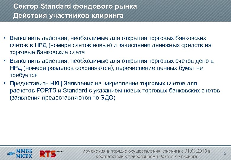 Сектор Standard фондового рынка Действия участников клиринга • Выполнить действия, необходимые для открытия торговых