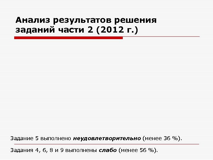 Анализ результатов решения заданий части 2 (2012 г. ) Задание 5 выполнено неудовлетворительно (менее