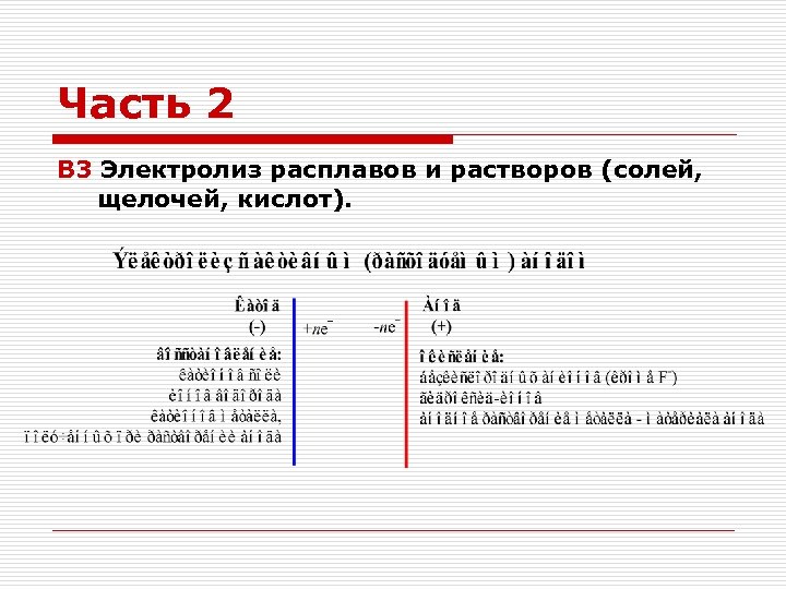 Часть 2 В 3 Электролиз расплавов и растворов (солей, щелочей, кислот). 