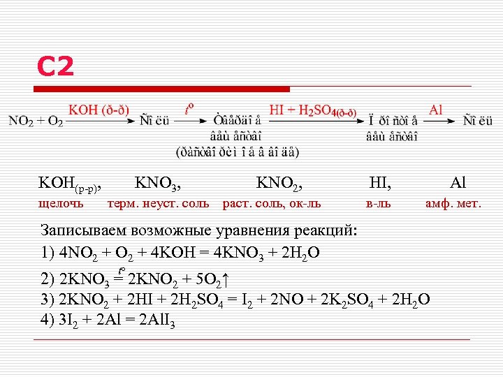 C 2 KOH(р-р), KNO 3, KNO 2, HI, Al щелочь терм. неуст. соль раст.