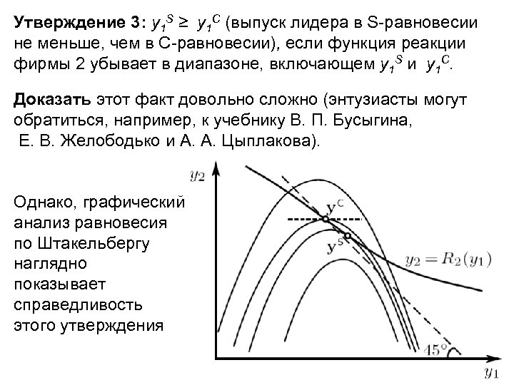 Утверждение 3: y 1 S ≥ y 1 C (выпуск лидера в S-равновесии не