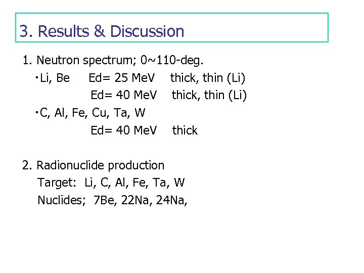 3. Results & Discussion 1. Neutron spectrum; 0~110 -deg. ・Li, Be Ed= 25 Me.