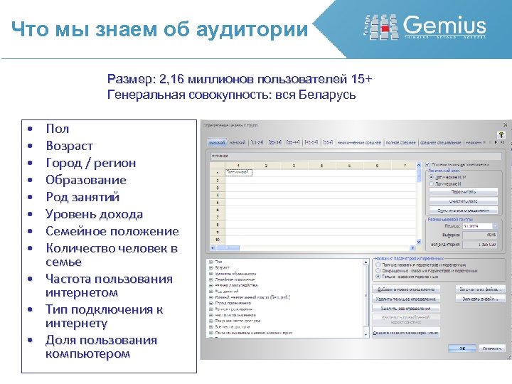 Что мы знаем об аудитории Размер: 2, 16 миллионов пользователей 15+ Генеральная совокупность: вся