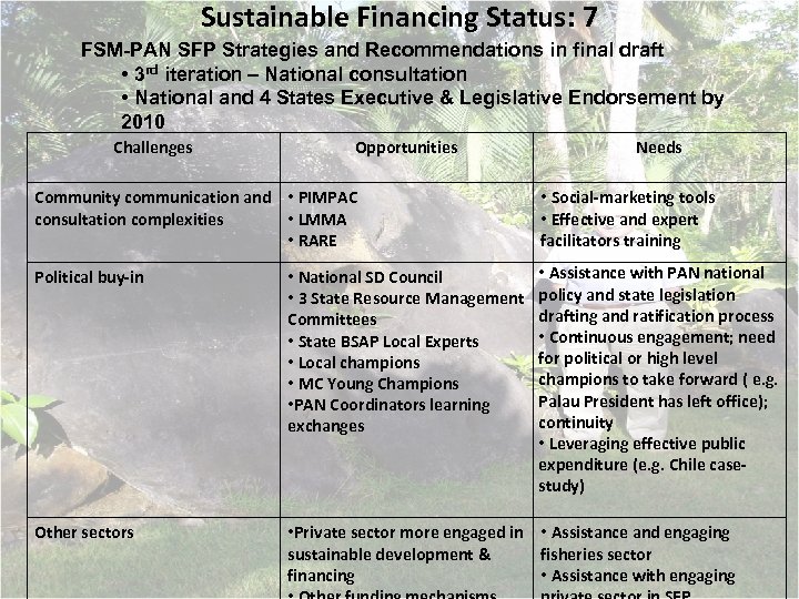 Sustainable Financing Status: 7 FSM-PAN SFP Strategies and Recommendations in final draft • 3