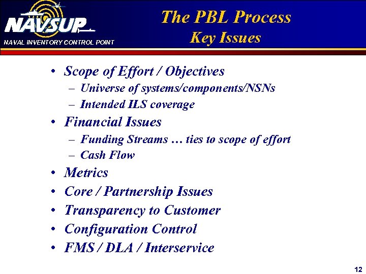 NAVAL INVENTORY CONTROL POINT Click to edit Master title The PBL Process Key Issues