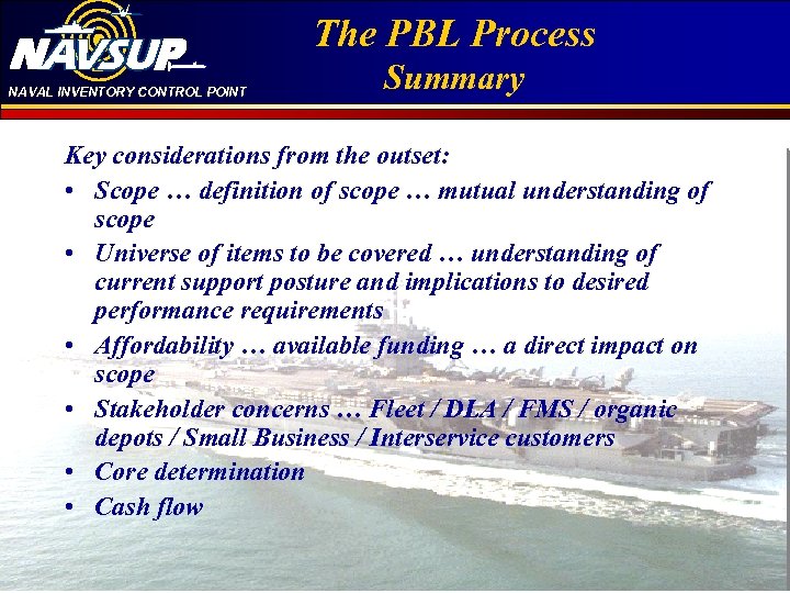 NAVAL INVENTORY CONTROL POINT Click PBL Process The to edit Master title Summary style