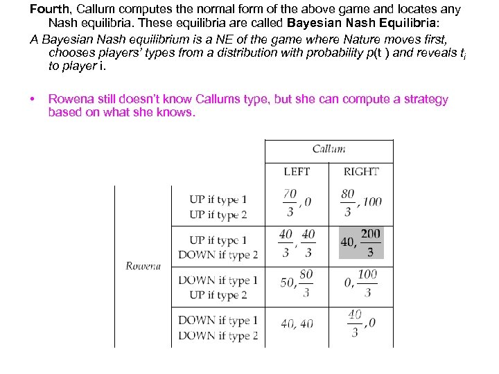 Fourth, Callum computes the normal form of the above game and locates any Nash