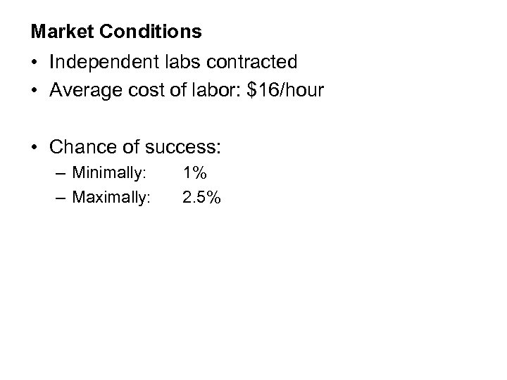 Market Conditions • Independent labs contracted • Average cost of labor: $16/hour • Chance