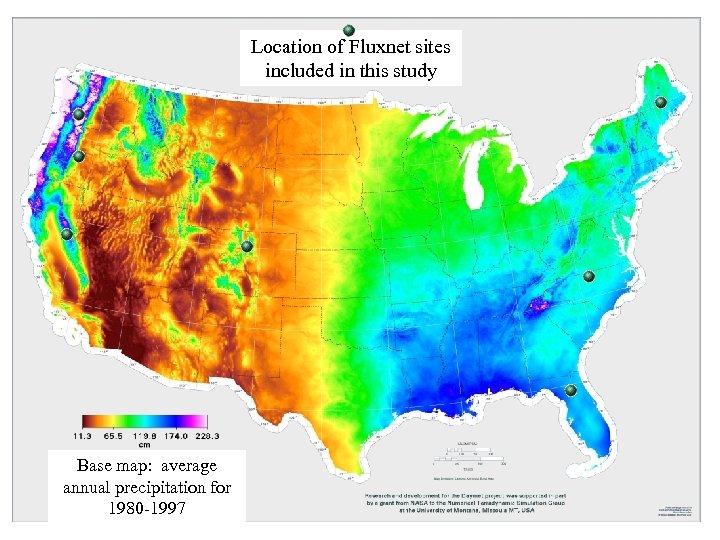 Location of Fluxnet sites included in this study Base map: average annual precipitation for