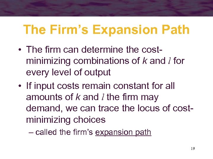 The Firm’s Expansion Path • The firm can determine the costminimizing combinations of k