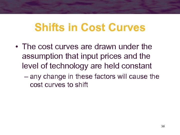 Shifts in Cost Curves • The cost curves are drawn under the assumption that