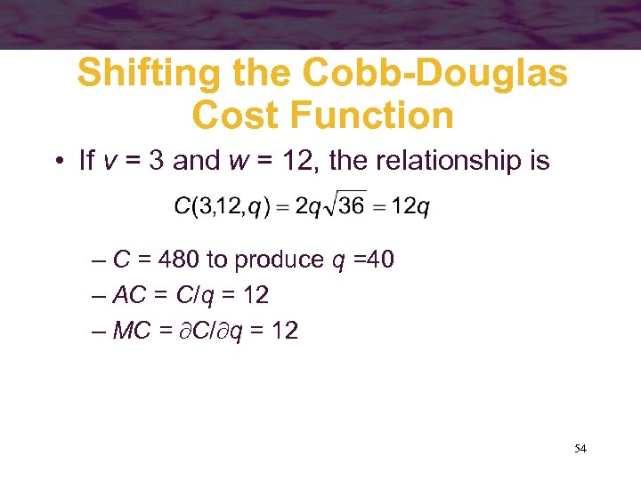 Shifting the Cobb-Douglas Cost Function • If v = 3 and w = 12,