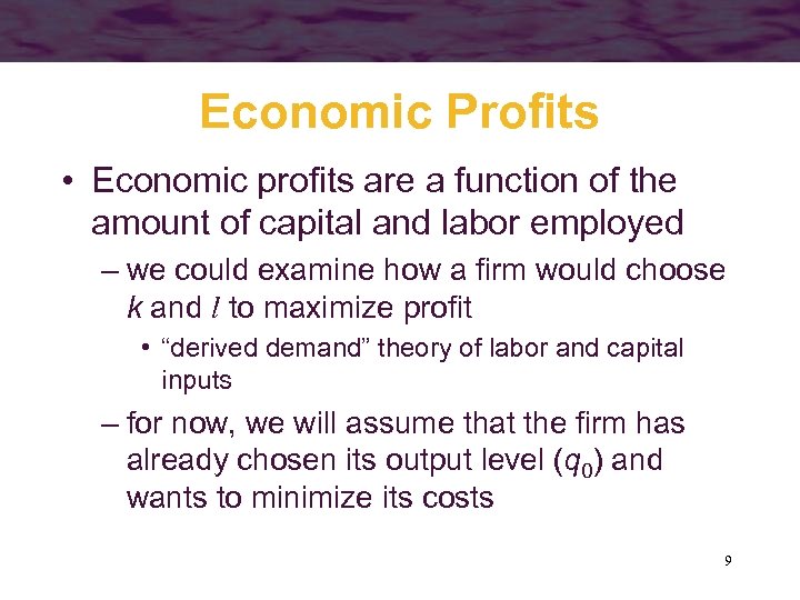 Economic Profits • Economic profits are a function of the amount of capital and