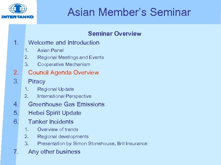 Asian Member’s Seminar 1. Seminar Overview Welcome and Introduction 1. 2. 3. Council Agenda