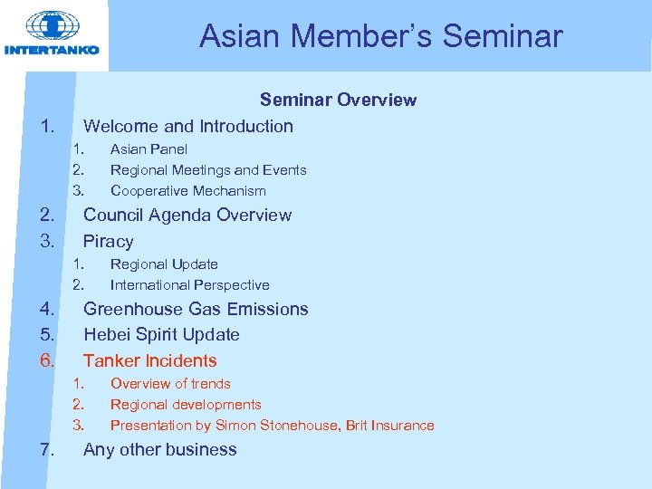 Asian Member’s Seminar 1. Seminar Overview Welcome and Introduction 1. 2. 3. Council Agenda