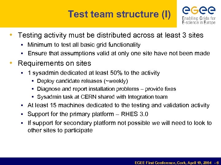 Test team structure (I) • Testing activity must be distributed across at least 3