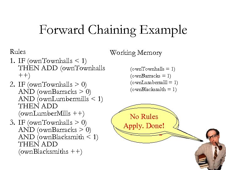 Forward Chaining Example Rules Working Memory 1. IF (own. Townhalls < 1) THEN ADD