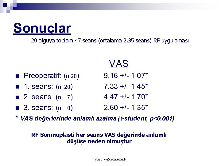 Sonuçlar 20 olguya toplam 47 seans (ortalama 2. 35 seans) RF uygulaması VAS n