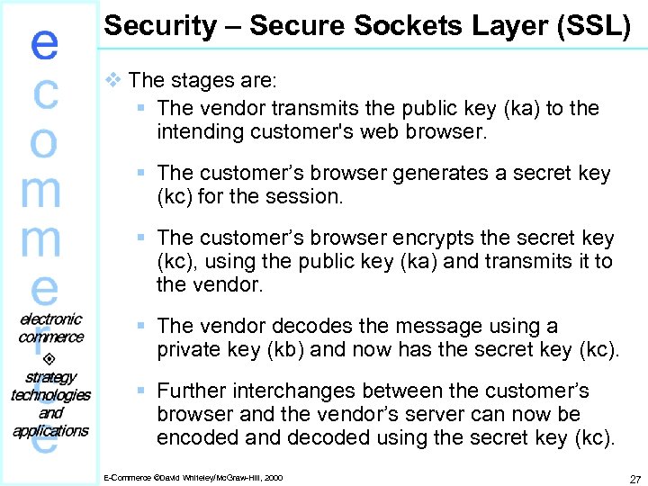 Security – Secure Sockets Layer (SSL) v The stages are: § The vendor transmits