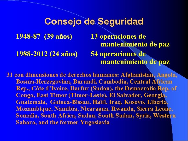 Consejo de Seguridad 1948 -87 (39 años) 1988 -2012 (24 años) 13 operaciones de