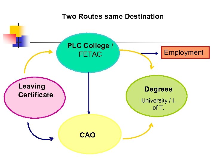Two Routes same Destination PLC College / FETAC Leaving Certificate Employment Degrees University /