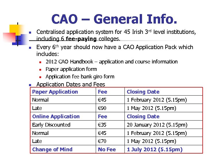 CAO – General Info. n n Centralised application system for 45 Irish 3 rd