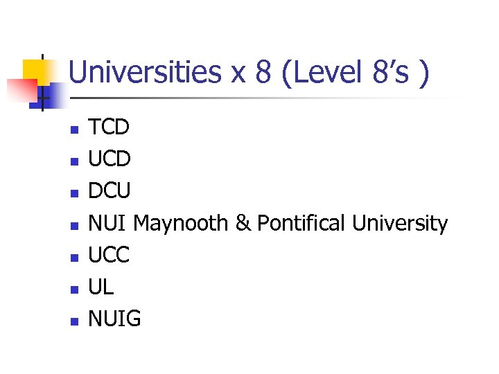 Universities x 8 (Level 8’s ) n n n n TCD UCD DCU NUI