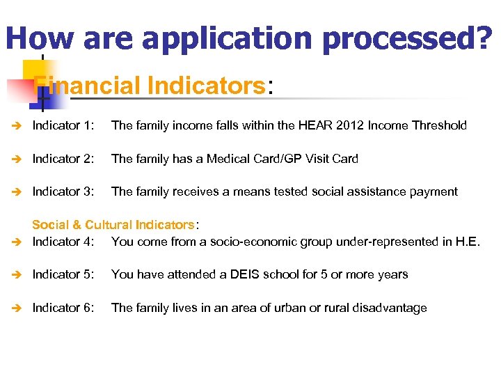 How are application processed? Financial Indicators: è Indicator 1: The family income falls within