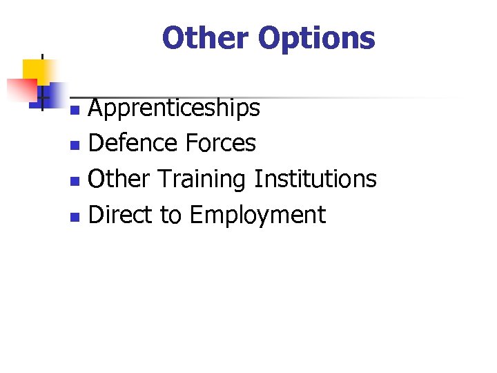 Other Options Apprenticeships n Defence Forces n Other Training Institutions n Direct to Employment