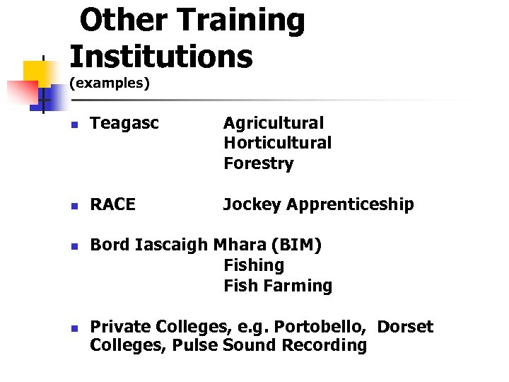  Other Training Institutions (examples) n Teagasc Agricultural Horticultural Forestry n RACE Jockey Apprenticeship