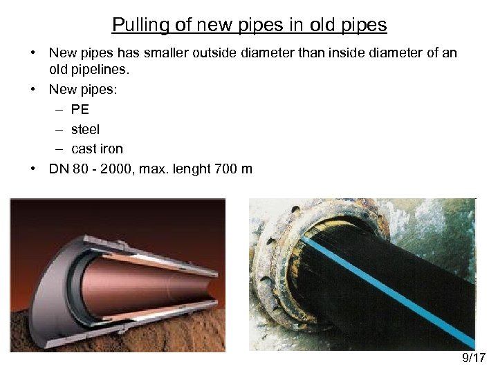 Pulling of new pipes in old pipes • New pipes has smaller outside diameter