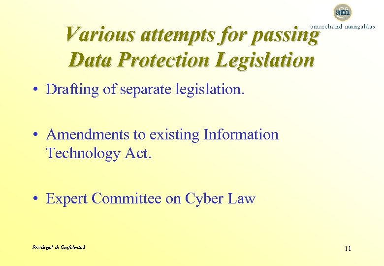 Various attempts for passing Data Protection Legislation • Drafting of separate legislation. • Amendments