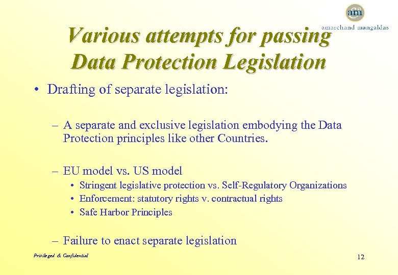 Various attempts for passing Data Protection Legislation • Drafting of separate legislation: – A