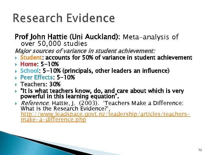 Prof John Hattie (Uni Auckland): Meta-analysis of over 50, 000 studies Major sources of
