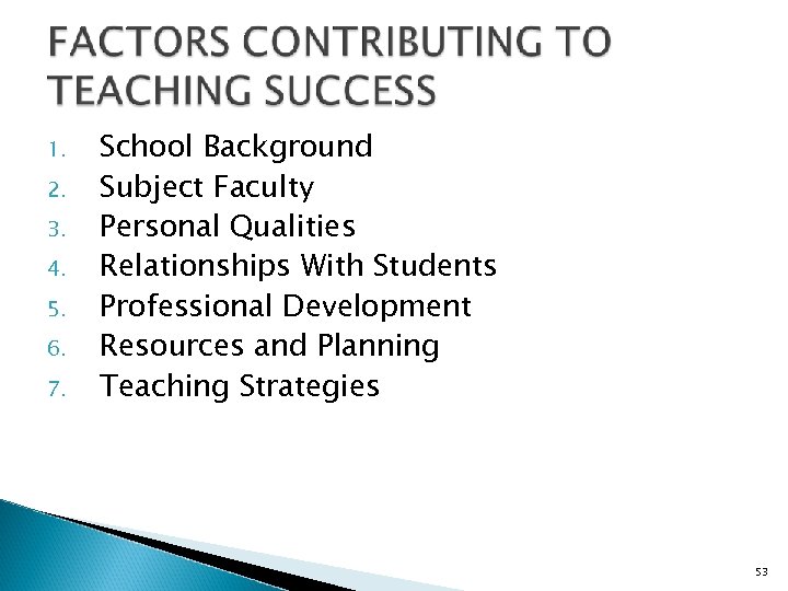1. 2. 3. 4. 5. 6. 7. School Background Subject Faculty Personal Qualities Relationships