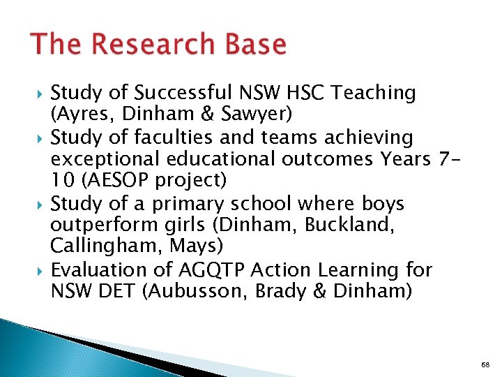  Study of Successful NSW HSC Teaching (Ayres, Dinham & Sawyer) Study of faculties