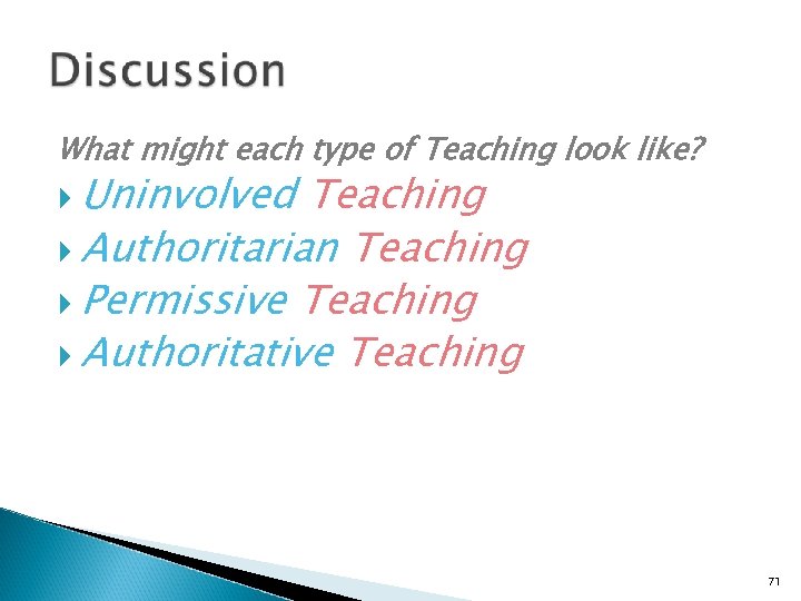 What might each type of Teaching look like? Uninvolved Teaching Authoritarian Teaching Permissive Teaching