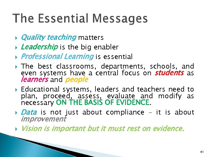  Quality teaching matters Leadership is the big enabler Professional Learning is essential The